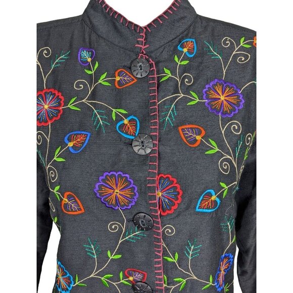 Vintage Womens Silk Blend Jacket Size Large Art to Wear Black Embroidered Floral - Picture 2 of 7